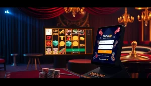 Engaging casino scene showcasing nohu90 đăng nhập with stylish slot machines and poker chips.