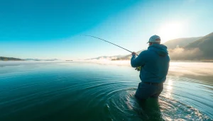 Fly fishing line gracefully arcing over water as a fisherman casts in a tranquil dawn setting.