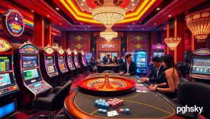 PHSKY gaming floor featuring slot machines and poker table for an exciting casino experience.
