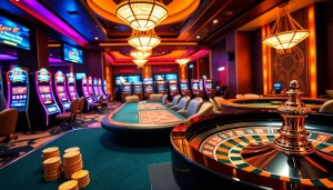 Experience the thrill of tr88 with vibrant casino scenes featuring roulette and slot machines.