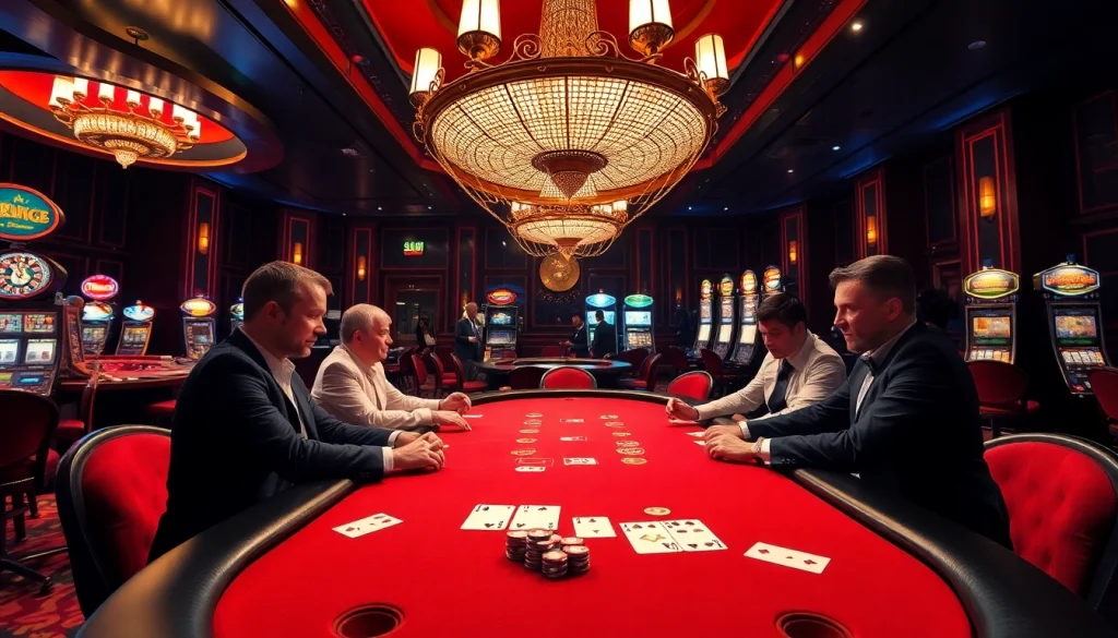 High-stakes poker players engaging intensely around a luxurious 88i-themed casino table.