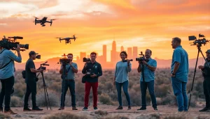 Dynamic video production Phoenix team at work, utilizing diverse equipment against the sunset skyline.
