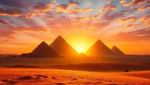 Discover the majestic piraminds of Giza illuminated at sunset in a dramatic desert landscape.