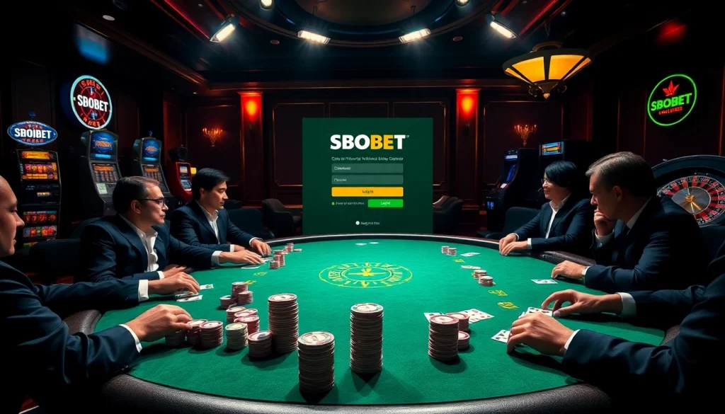 SBOBET login interface showcased amid an elegant casino setting filled with poker tables and vibrant gaming elements.