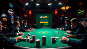 SBOBET login interface showcased amid an elegant casino setting filled with poker tables and vibrant gaming elements.