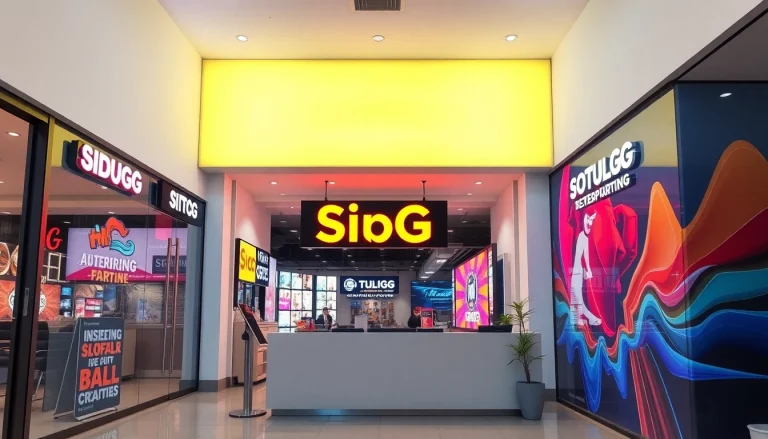 Rótulos vibrantes y exhibidores que muestran rótulos en Alicante en un entorno empresarial moderno.