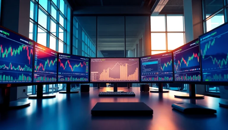 Visual representation of sway markets on dynamic trading screens in a modern office.