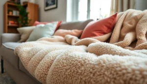 Fleece stof kopen met luxe textuur op een stijlvolle bank.