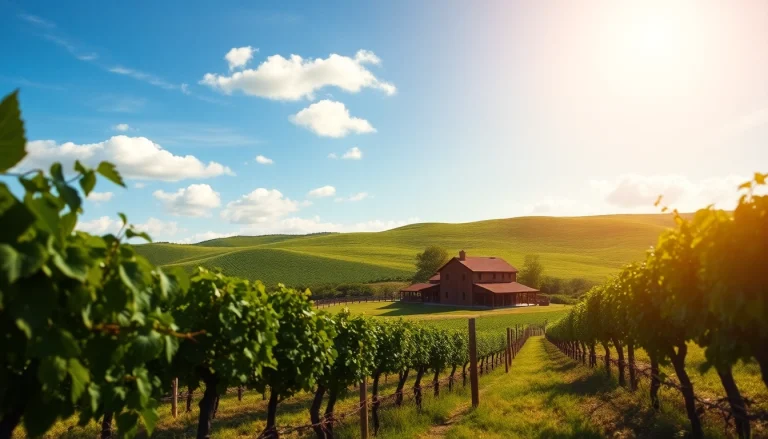 Captivating view of Clarksburg, CA, with vineyards and a rustic farmhouse under golden sunlight.