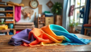 Bekijk kleurrijke tricot uni stoffen in een creatieve omgeving.