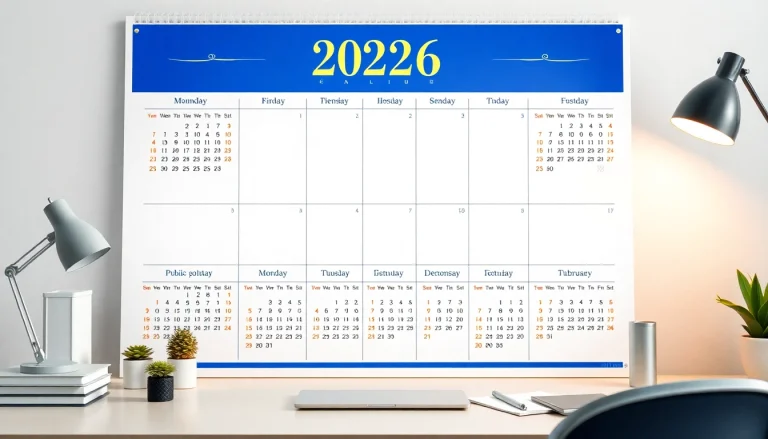 2026 calendar design displayed in a bright workspace with rich colors and elegant icons.