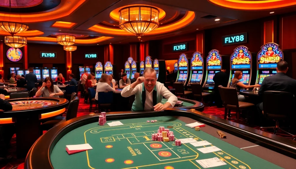 Players enjoying a thrilling casino experience at FLY88, with vibrant tables and colorful chips.