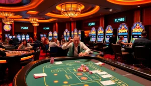 Players enjoying a thrilling casino experience at FLY88, with vibrant tables and colorful chips.