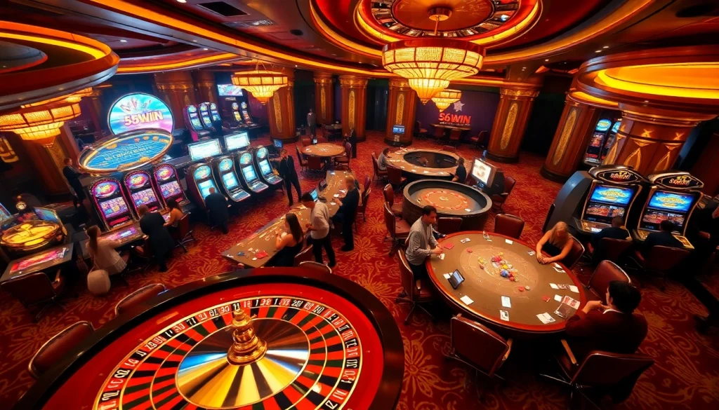Enhance your gaming experience with 56WIN featuring luxurious casino tables and vibrant slot machines.