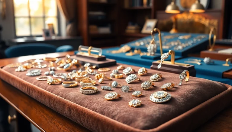 Schmuckankauf: Detaillierte Betrachtung von funkelndem Goldschmuck auf elegantem Samtbezug.