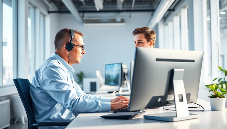 Technician offering computer help to a client in a modern office.