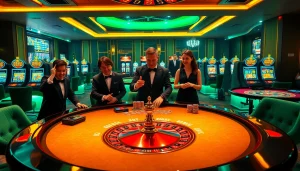 KJC-themed poker table scene with players showcasing excitement in a luxurious casino setting.