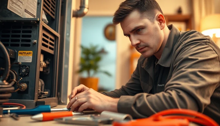 Technician conducting furnace repair Mt Kisco among residential tools in a warm-lit setting.