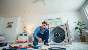 AC repair Garner, NC technician working on a residential air conditioning unit, showcasing professionalism and expertise.