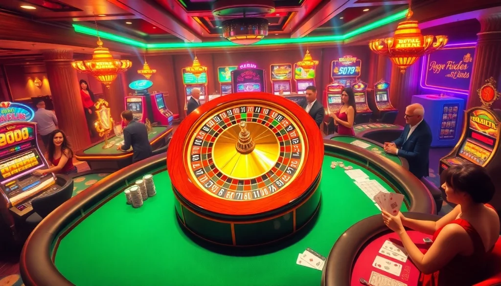 Exciting players enjoying the kx8 game at a luxurious casino, featuring vibrant roulette and poker elements.