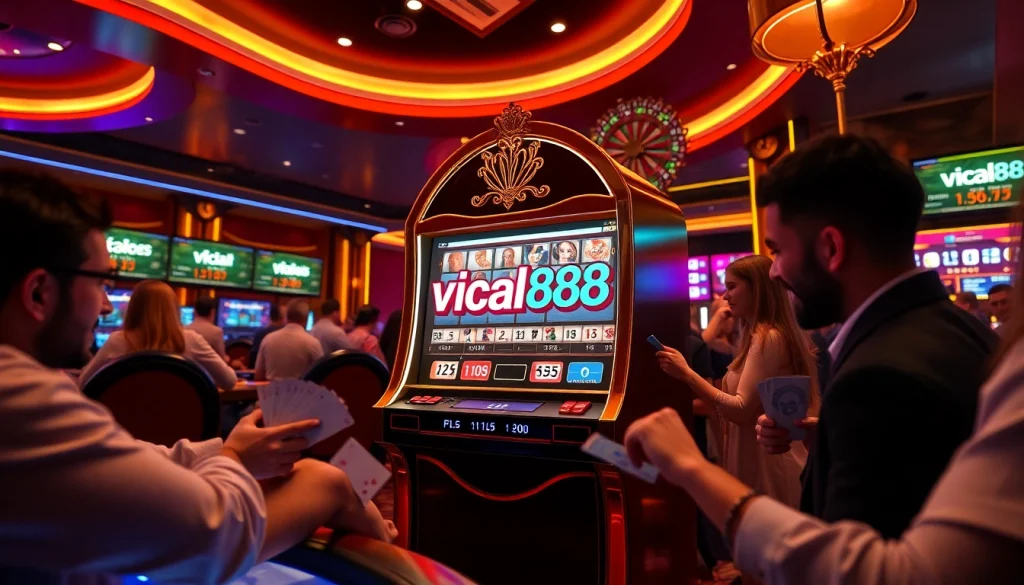 Engage with the viral88 slot machine in a luxurious casino environment, showcasing vibrant gaming excitement.