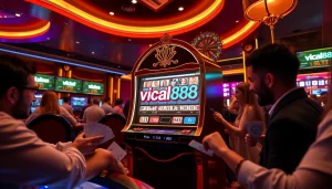 Engage with the viral88 slot machine in a luxurious casino environment, showcasing vibrant gaming excitement.
