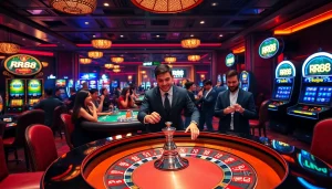 Excited players engaged in a thrilling RR88 casino environment with roulette and poker tables.