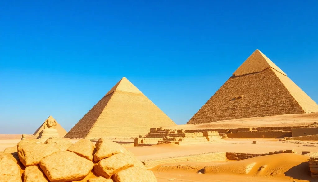 Pyraminds highlighting the ancient Egyptian architectural marvels with dramatic sunlight and textures.