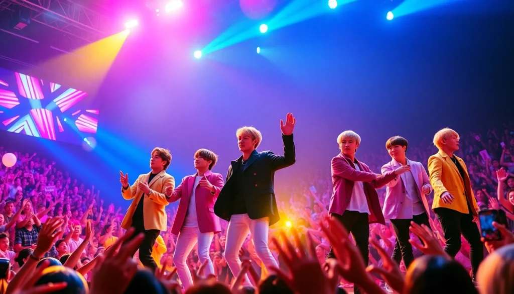BTS members performing energetically at a concert, surrounded by colorful lights and fans.