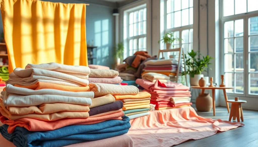 Duurzame stoffen assortiment in een kleurrijke studio aanbieding met verschillende texturen.