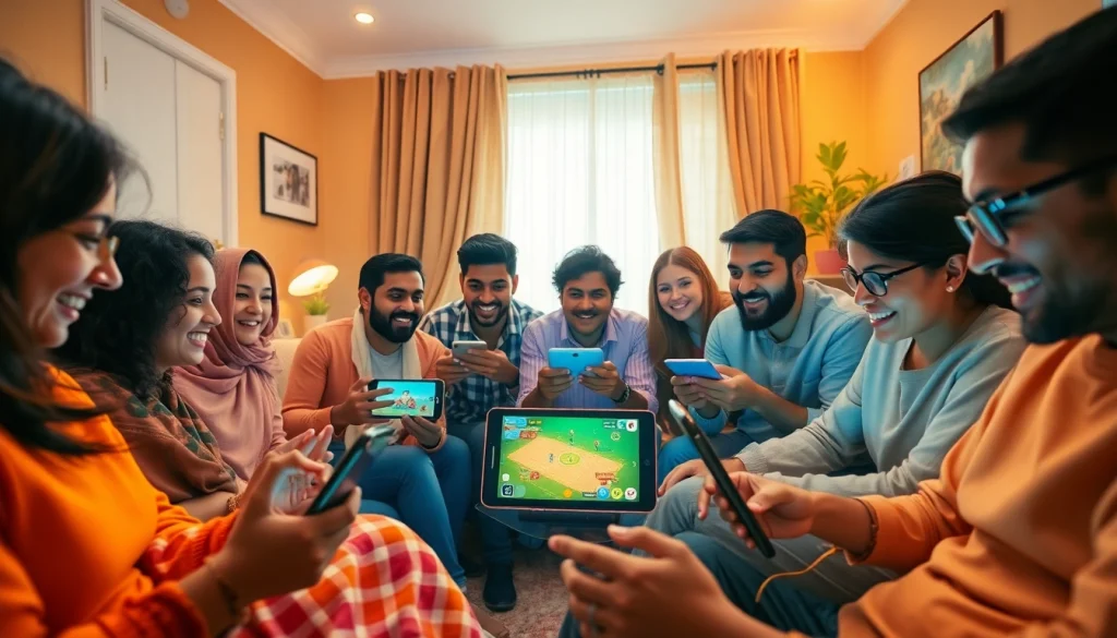 Dynamic group engaged in the Jalwa Game on various devices, showcasing excitement and inclusivity.
