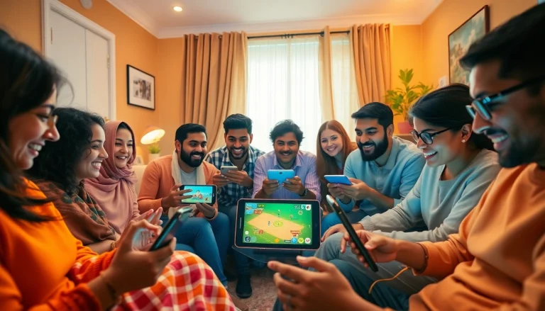 Dynamic group engaged in the Jalwa Game on various devices, showcasing excitement and inclusivity.