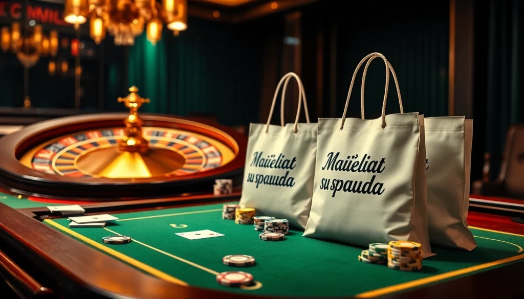 Uzlabojiet savu kazino pieredzi ar drukātiem maisiņiem ar zīmolu uz grezna spēļu galda.