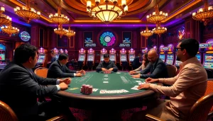 Professional gamblers strategizing around a poker table, emphasizing JUMLAH BACKLINK in a luxurious casino.