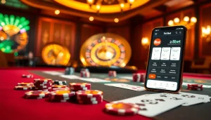Experience the thrill of gaming with the tải app 8xbet on a stylish smartphone at a luxury poker table.
