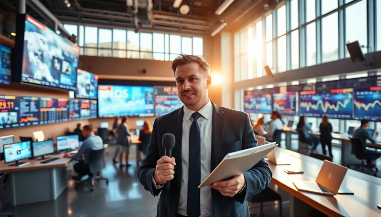Journalist analyzing Usa Today news trends in a vibrant newsroom environment.