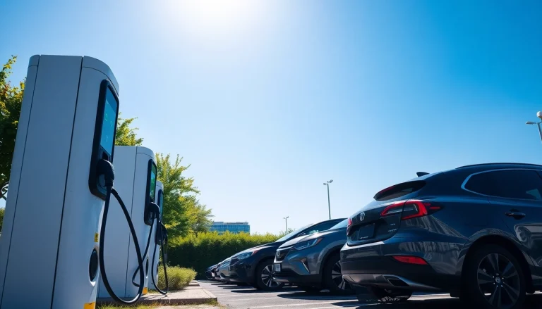 Explore EV charging solutions featured prominently at a modern electric vehicle charging station.