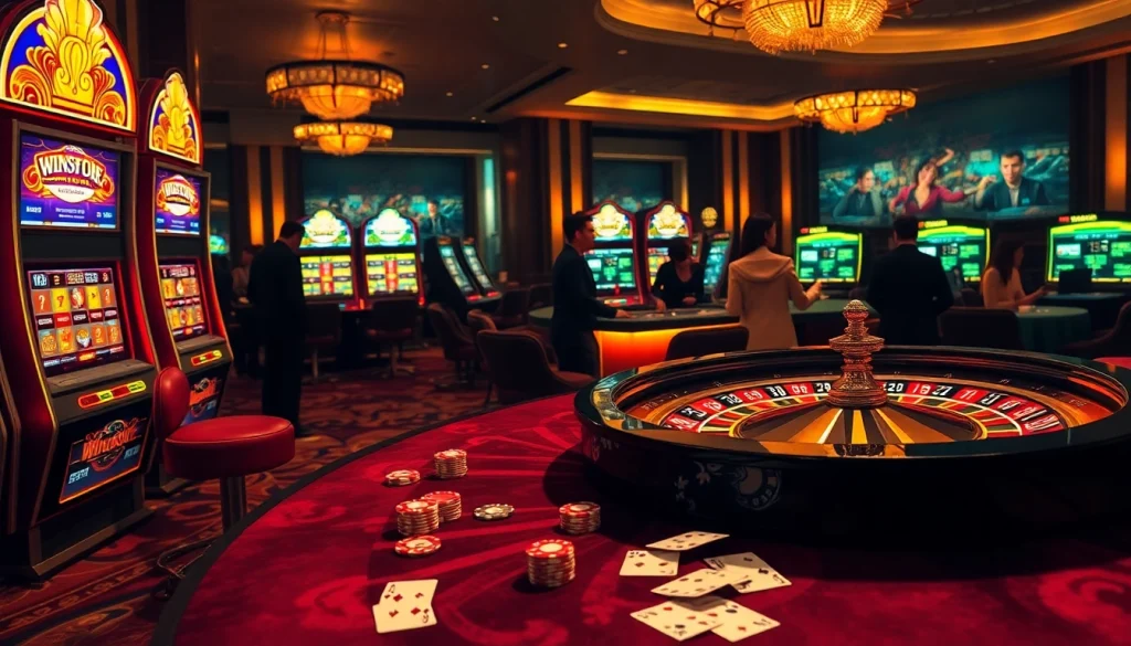 Winstrike69 casino players enjoying slot machines and roulette tables in a vibrant environment.