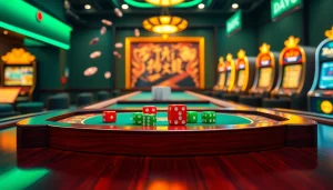 Play Tai Xiu online at a luxurious casino table featuring vibrant dice and poker chips.