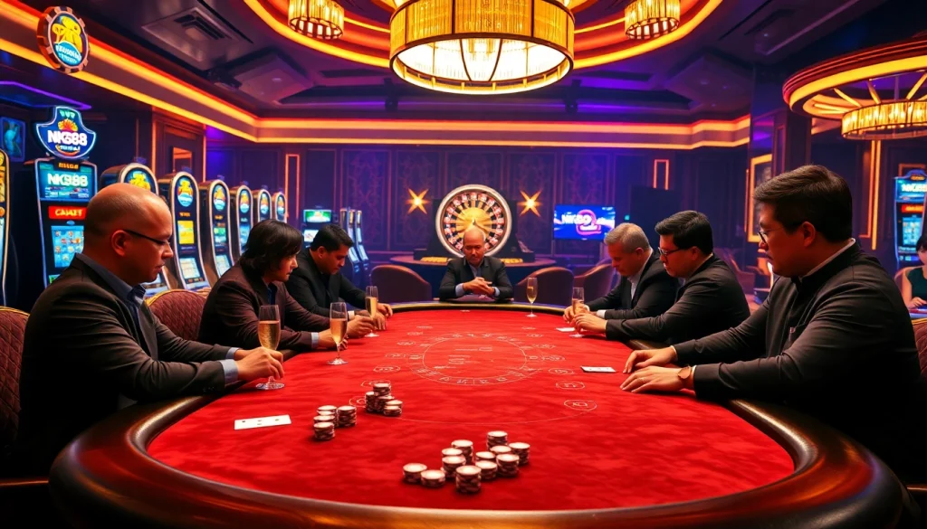 Players engrossed in a high-stakes poker game at a luxurious casino featuring NK88.