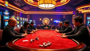 Players engrossed in a high-stakes poker game at a luxurious casino featuring NK88.