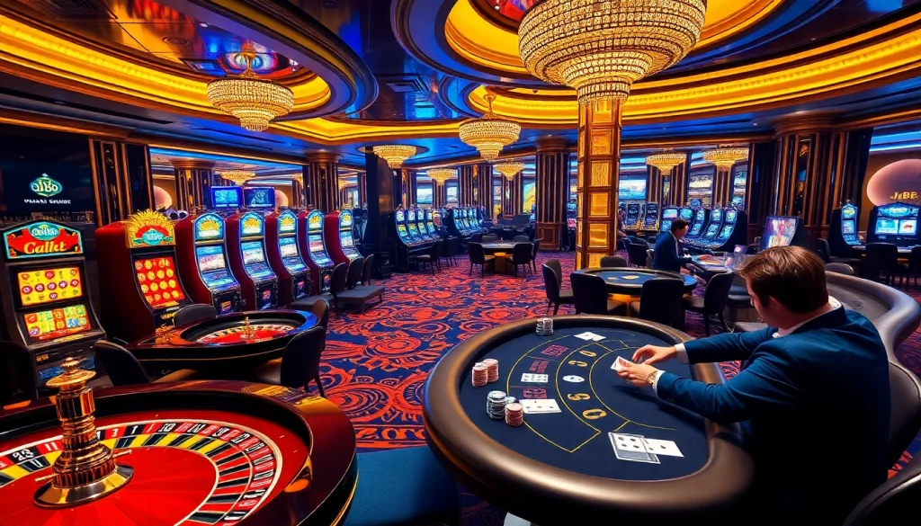 Engage with the thrilling world of J88 casino gaming featuring vibrant tables and action-packed scenes.