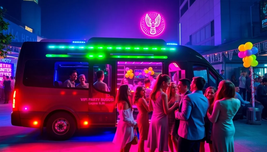 VIP party bus rental with festive ambiance and joyful passengers preparing for a night out.