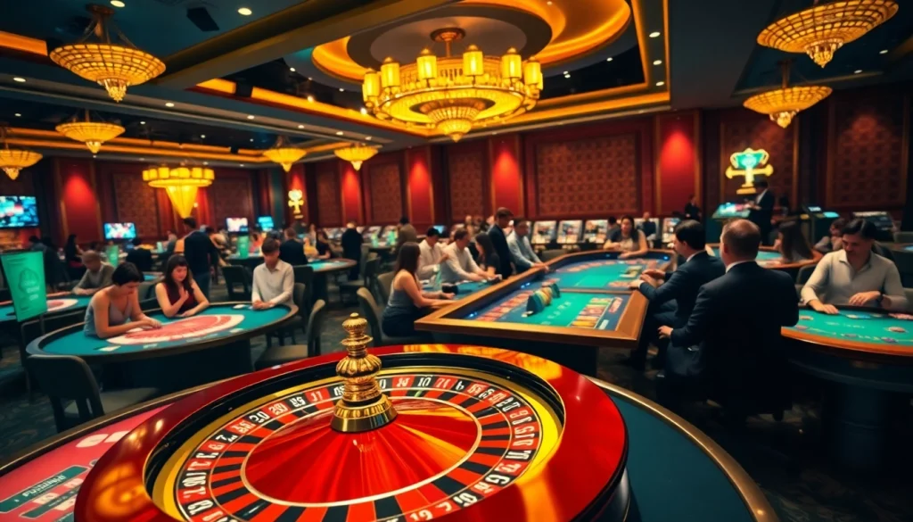 Exciting scene featuring the luxurious gaming atmosphere at PS99 casino, highlighting rich poker chips and roulette.