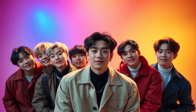 BTS members expressing their unique styles and charisma in a vibrant group setting.