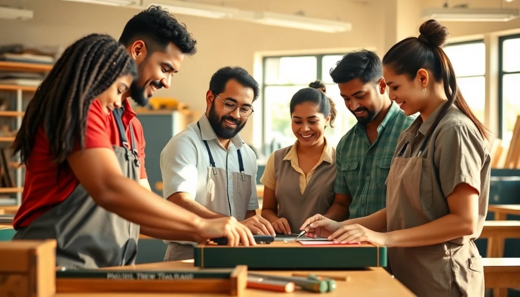 Students actively learning in trade schools in Hawaii with hands-on tools and collaborative spirit.