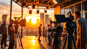 Photographer capturing a dynamic video production Phoenix scene in a vibrant urban setting