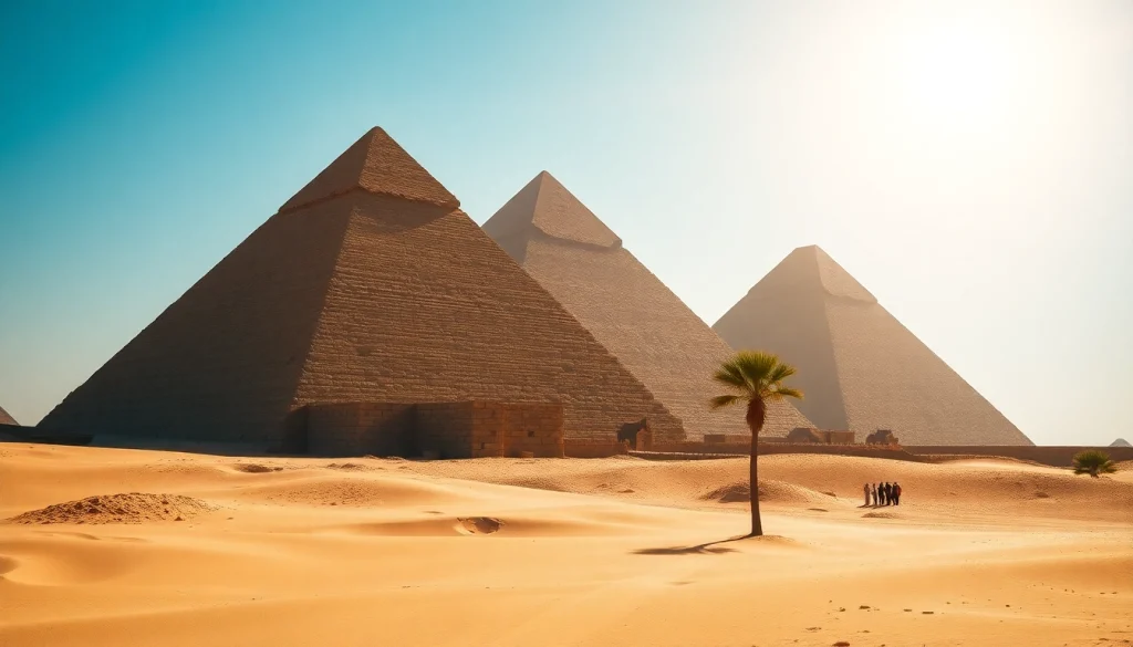 Pyraminds towering over the desert landscape, showcasing ancient architectural marvels.