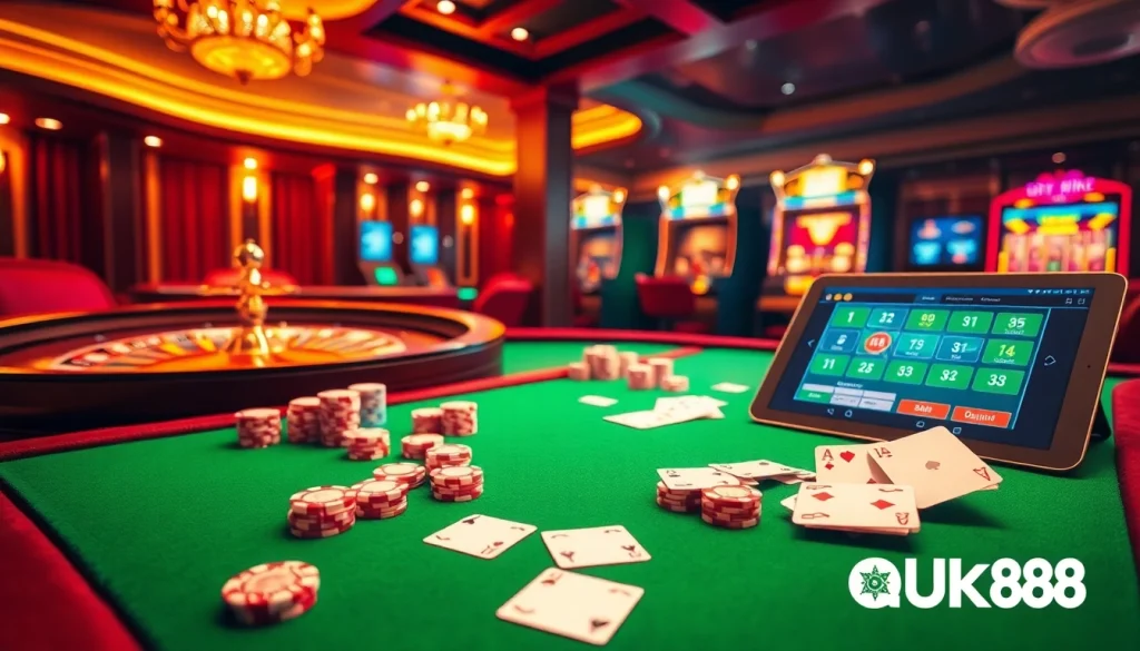 Engaging scene of UK88 casino gameplay featuring a roulette wheel and poker chips.