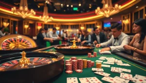Players enjoying a vibrant gaming experience at nhà cái WN678 with roulette and poker chips.